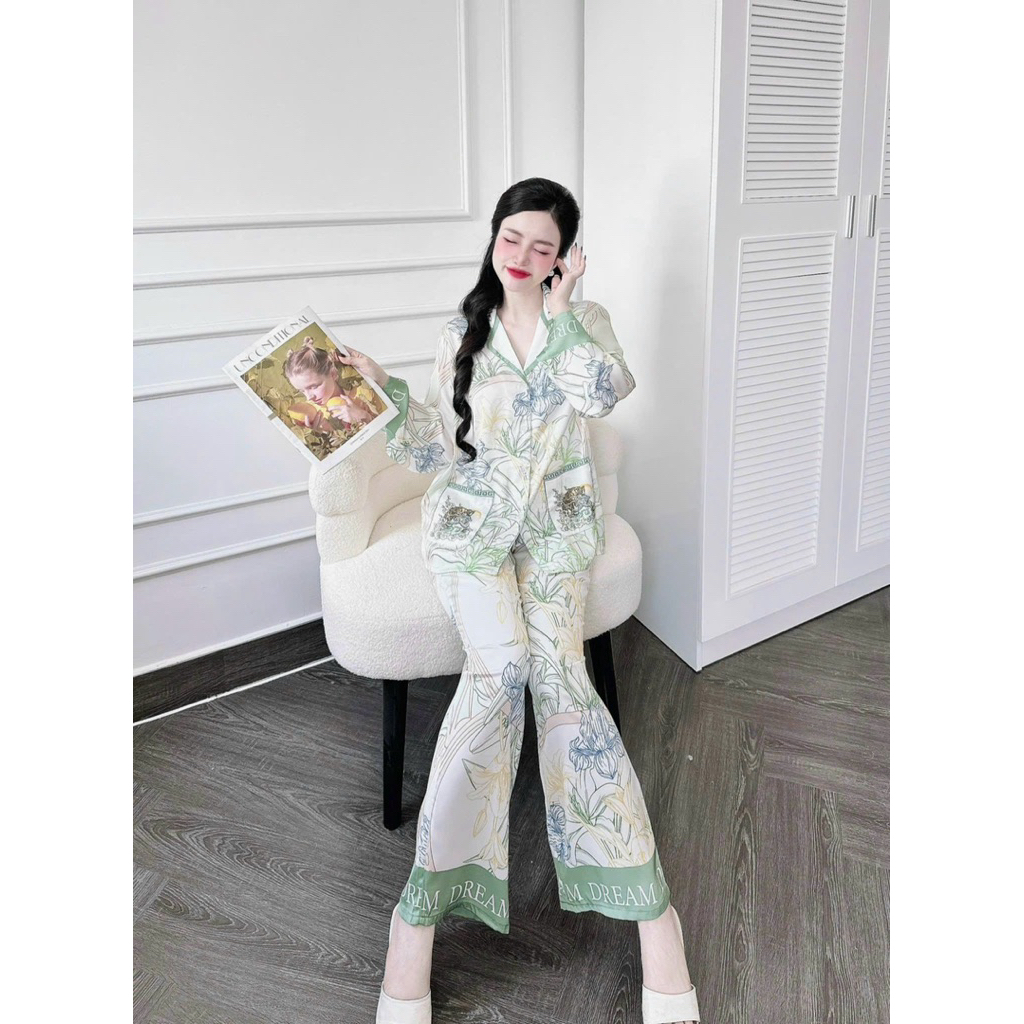 [Size 55-68kg TDQD230525] Đồ nữ mặc nhà áo tay dài quần dài lụa mềm nút bọc - nắp túi latin