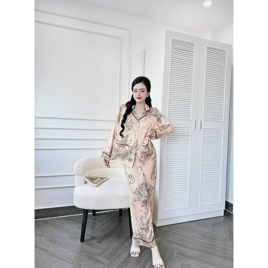 [Size 55-68kg TDQD230525] Đồ nữ mặc nhà áo tay dài quần dài lụa mềm nút bọc - nắp túi latin