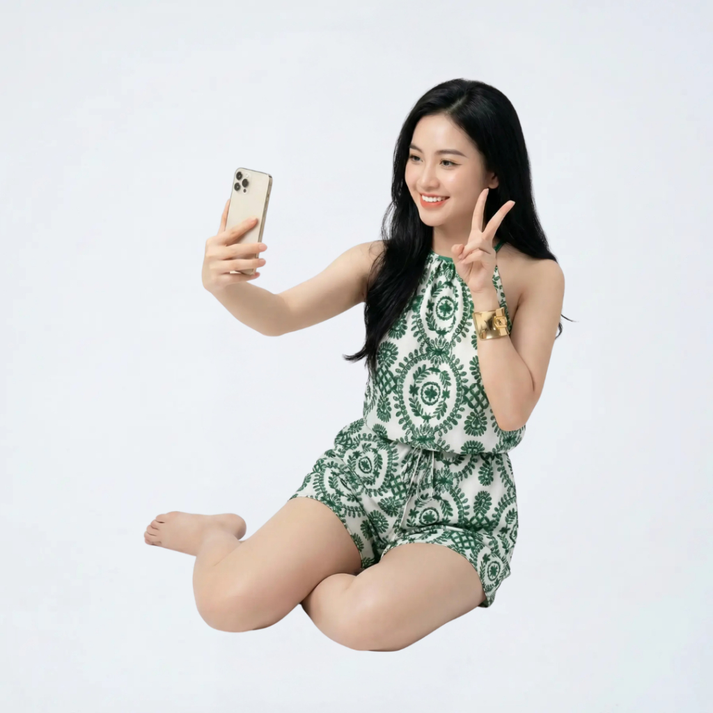 [JS] Áo Liền Quần SHI Nữ Trễ Vai Thêu Họa Tiết Lá Xanh
