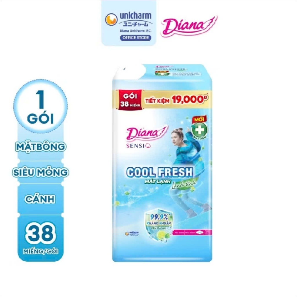 Băng vệ sinh Diana Sensi Cool Fresh siêu mỏng cánh gói 38 miếng
