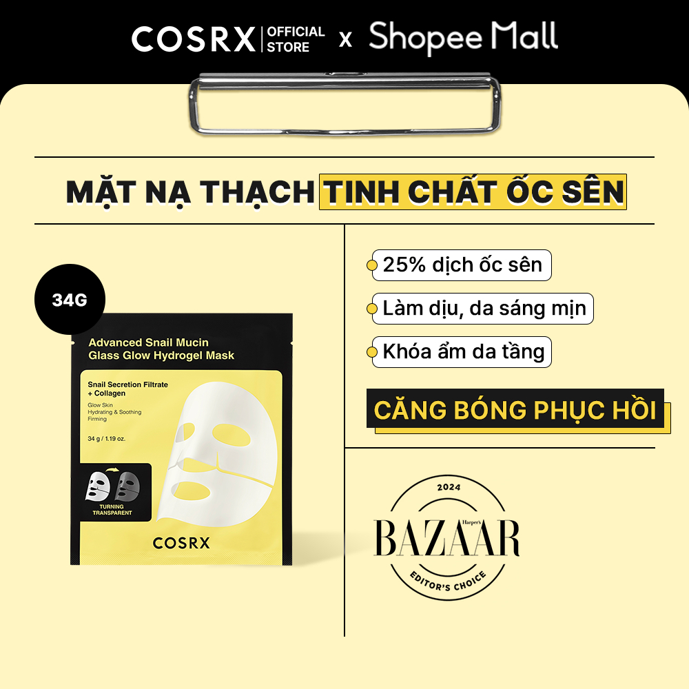 1 miếng - COSRX Mặt nạ Advanced Snail Mucin Glass Glow Hydrogel Mask 34g