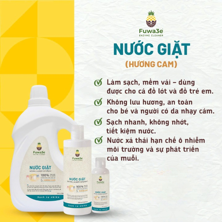 Nước giặt sinh học Fuwa3e Enzyme hương cam an toàn cho bé dịu lành cho da dung tích 3,5L