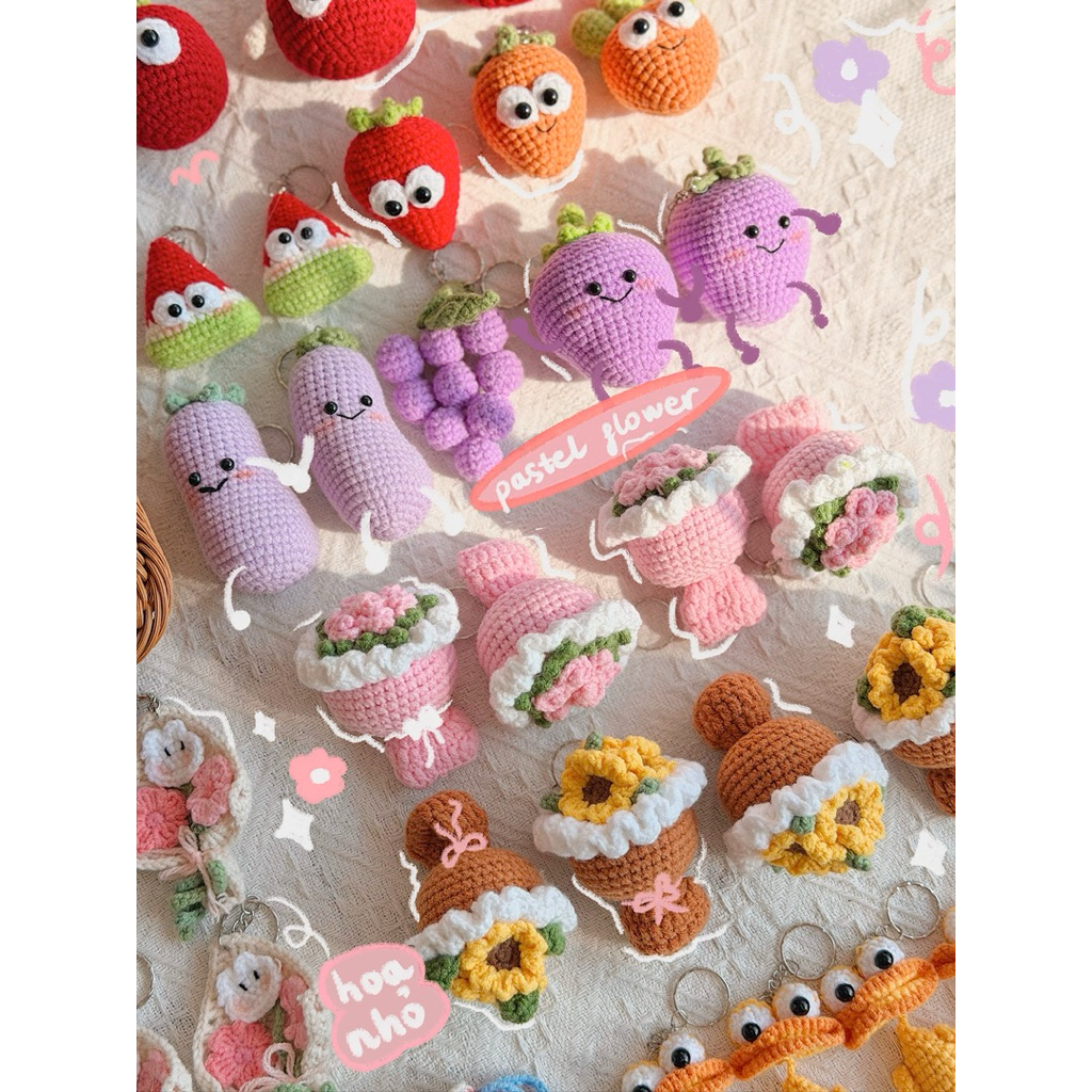 Móc Khoá Len Tổng Hợp Kitty Mèo Cừu Ếch Chuột Gầy Dễ Thương Handmade