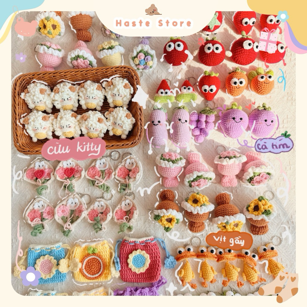 Móc Khoá Len Tổng Hợp Kitty Mèo Cừu Ếch Chuột Gầy Dễ Thương Handmade