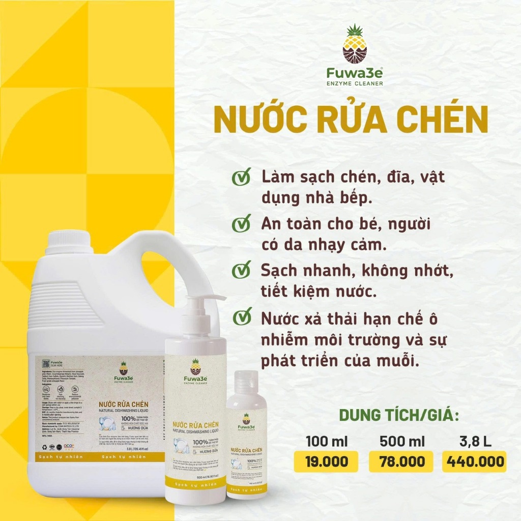 Nước rửa chén sinh học Fuwa3e 3.8l lên men tự nhiên từ vỏ dứa dịu lành cho da tay an toàn cho cả gia đình