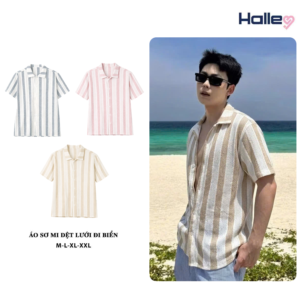 Áo Sơ Mi Nam Cộc Tay Đi Biển Dệt Lưới Họa Tiết Kẻ Sọc Cổ Vest Hàn Quốc Halley A55