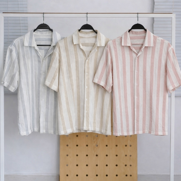 Áo Sơ Mi Nam Cộc Tay Đi Biển Dệt Lưới Họa Tiết Kẻ Sọc Cổ Vest Hàn Quốc Halley A55