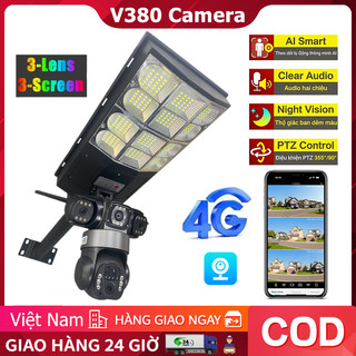 Đèn đường năng lượng mặt trời 4G camera 3 mắt quay 360° hồng ngoại full màu chống nước ngoài trời