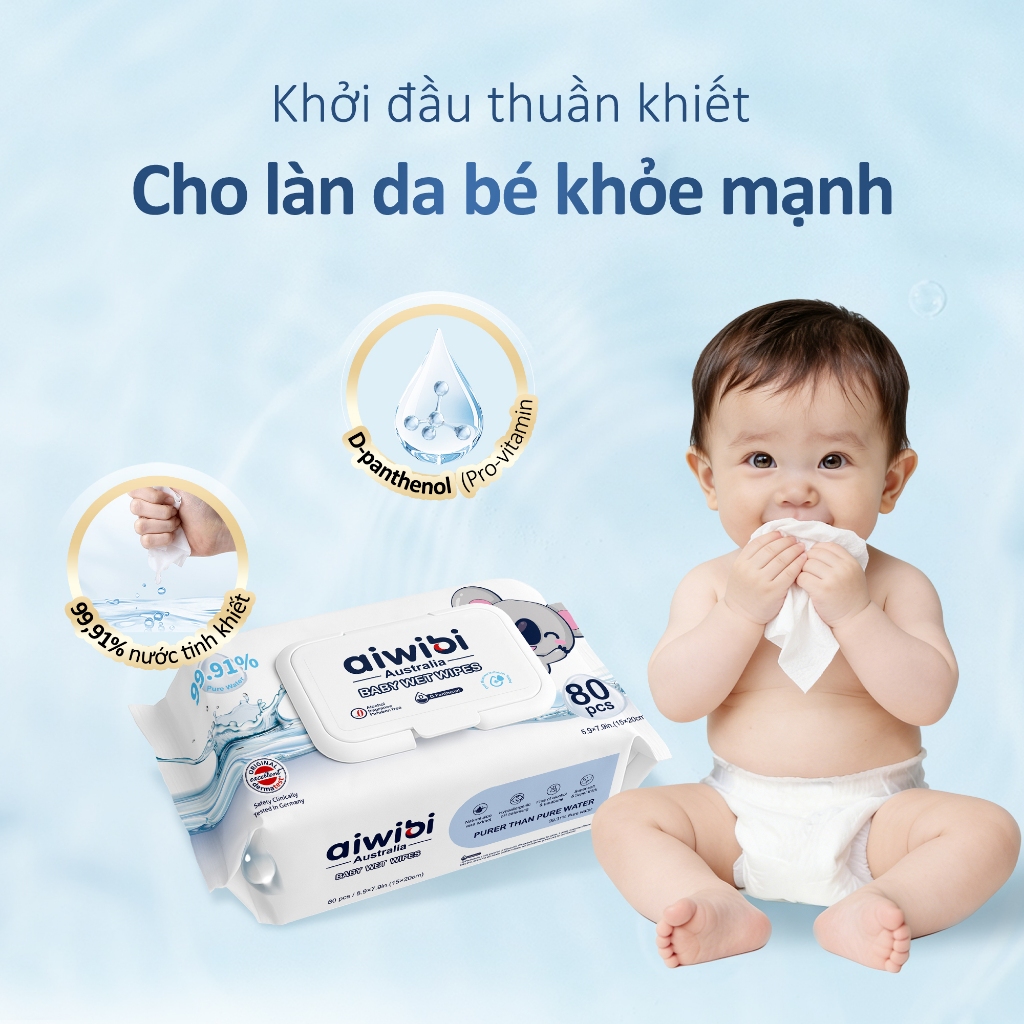 Khăn Ướt Tinh Khiết Aiwibi Chứa D-Panthenol Dưỡng Ẩm, Làm Mềm Da, Dịu Nhẹ Cho Da Nhạy Cảm (1 Gói 80 Miếng)