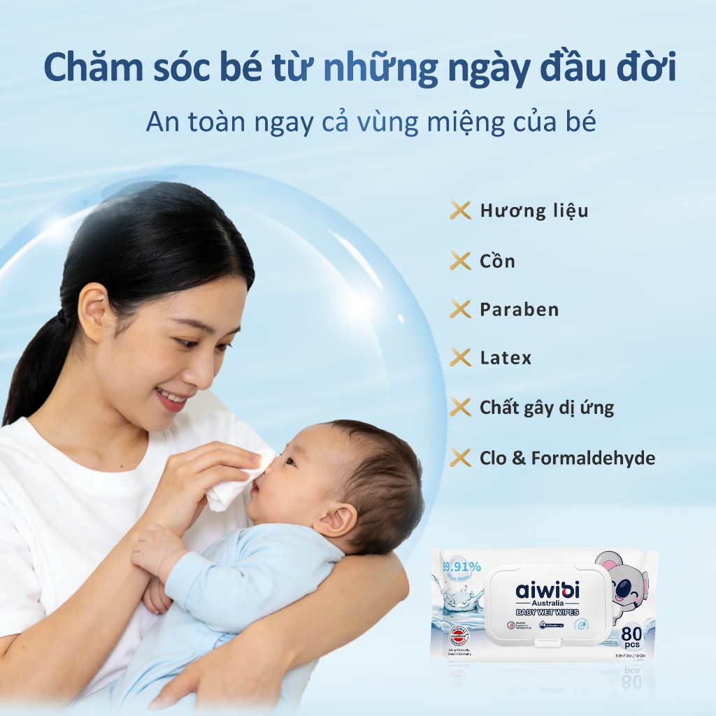 Khăn Ướt Tinh Khiết Aiwibi Chứa D-Panthenol Dưỡng Ẩm, Làm Mềm Da, Dịu Nhẹ Cho Da Nhạy Cảm (1 Gói 80 Miếng)