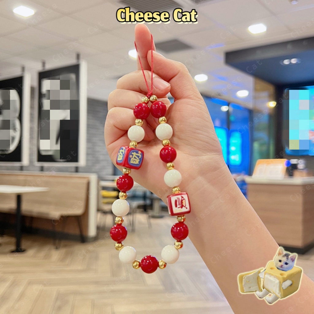 Rich Dây buộc điện thoại di động màu đỏ lễ hội năm mới đính cườm hình vuông để phát tài, chống rơi và mạnh mẽ