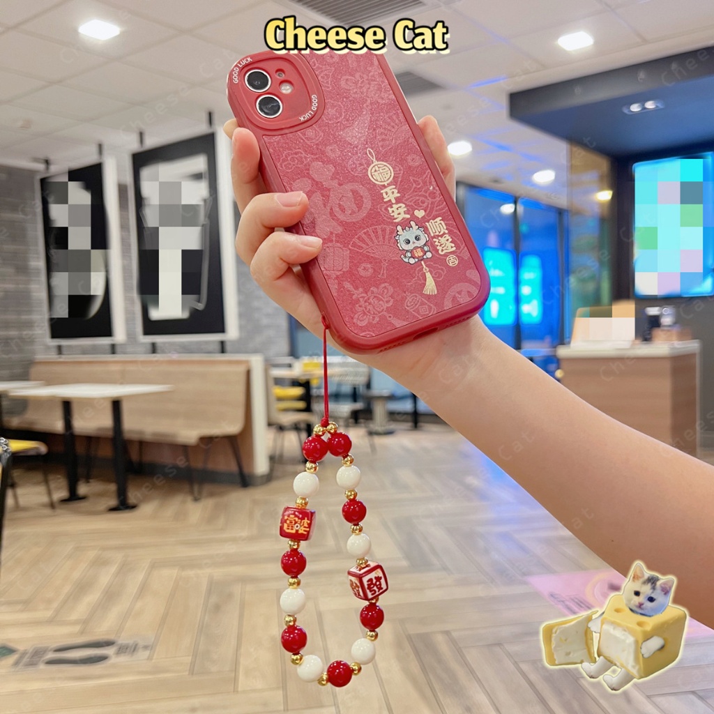 Rich Dây buộc điện thoại di động màu đỏ lễ hội năm mới đính cườm hình vuông để phát tài, chống rơi và mạnh mẽ