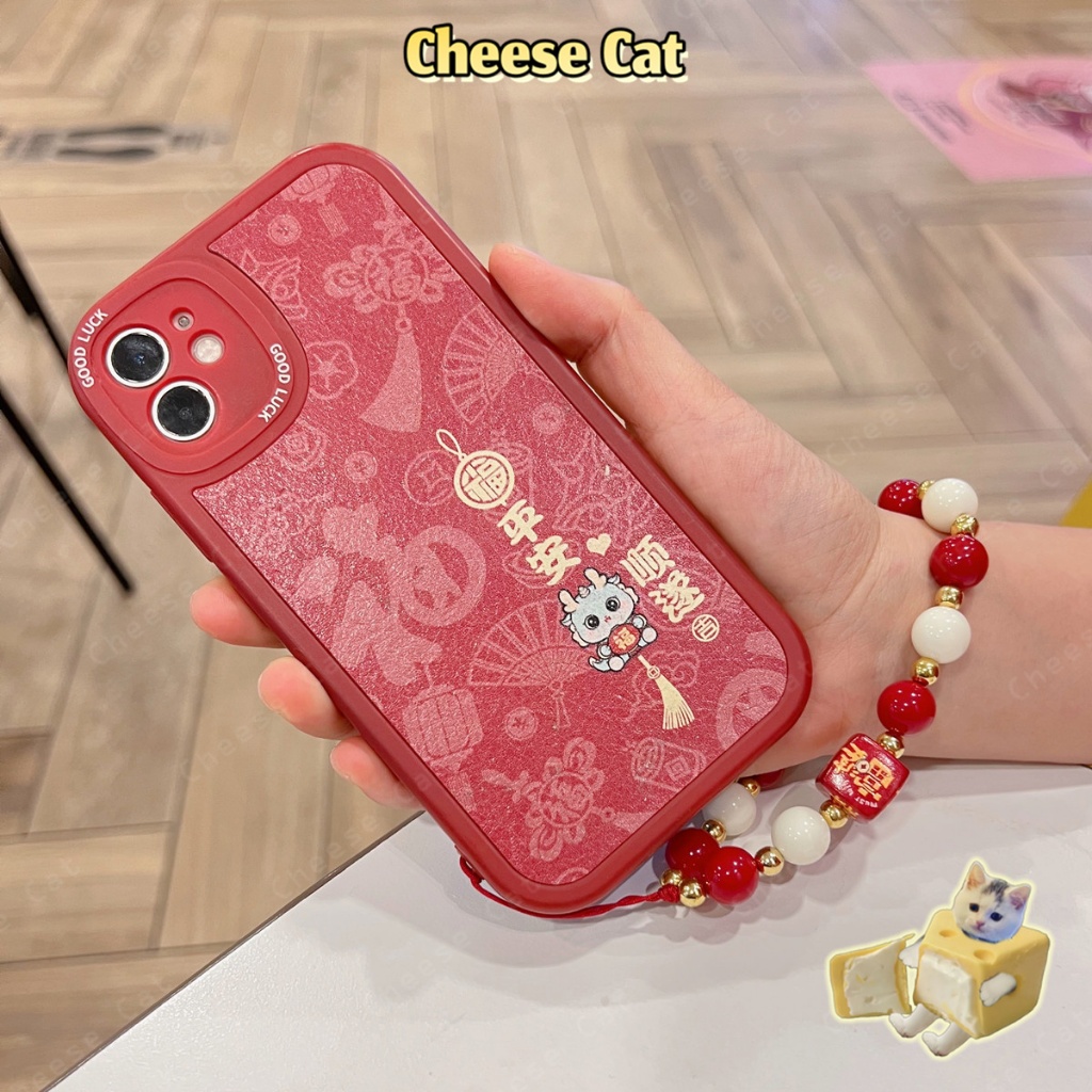 Rich Dây buộc điện thoại di động màu đỏ lễ hội năm mới đính cườm hình vuông để phát tài, chống rơi và mạnh mẽ