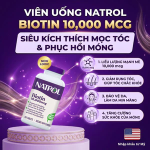 Natrol Biotin 10.000mcg Hạn chế rụng tóc, Kích mọc tóc & Hỗ trợ da móng khỏe - Hộp 100 viên
