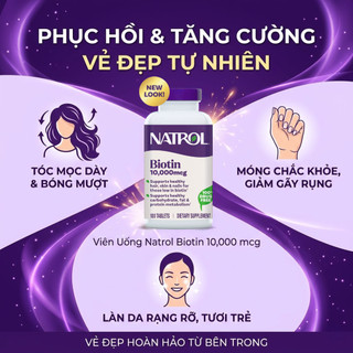 [CHÍNH HÃNG] Natrol Biotin 10.000mcg Hạn chế rụng tóc, Kích mọc tóc & Hỗ trợ da móng khỏe - Hộp 100 viên