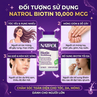[CHÍNH HÃNG] Natrol Biotin 10.000mcg Hạn chế rụng tóc, Kích mọc tóc & Hỗ trợ da móng khỏe - Hộp 100 viên