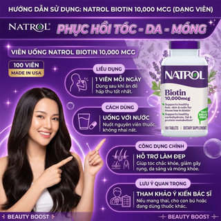 [CHÍNH HÃNG] Natrol Biotin 10.000mcg Hạn chế rụng tóc, Kích mọc tóc & Hỗ trợ da móng khỏe - Hộp 100 viên