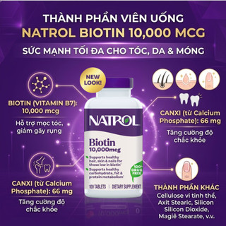 [CHÍNH HÃNG] Natrol Biotin 10.000mcg Hạn chế rụng tóc, Kích mọc tóc & Hỗ trợ da móng khỏe - Hộp 100 viên