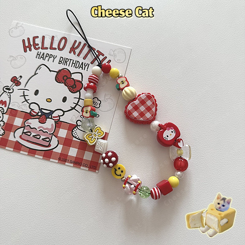 Kitty Dây chuyền điện thoại di động tình yêu kẻ sọc đỏ Apple dây chuyền dễ thương dây máy ảnh mặt dây chuyền chuỗi hạt