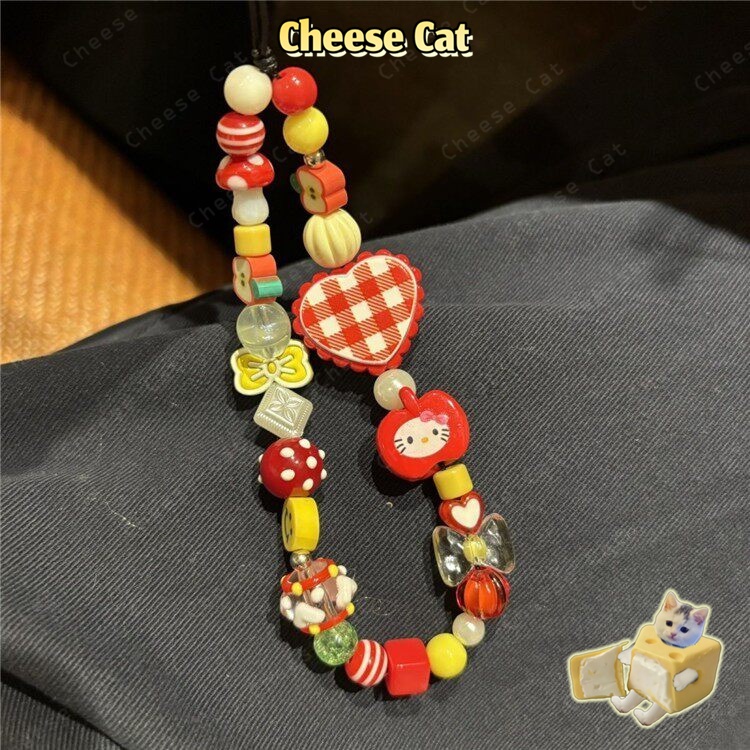 Kitty Dây chuyền điện thoại di động tình yêu kẻ sọc đỏ Apple dây chuyền dễ thương dây máy ảnh mặt dây chuyền chuỗi hạt