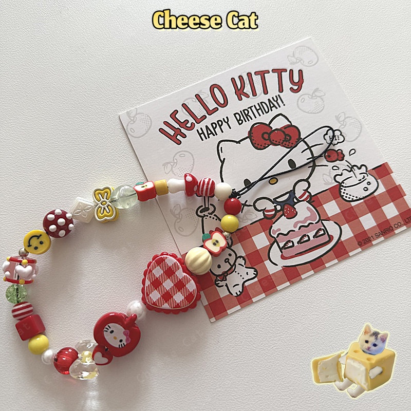 Kitty Dây chuyền điện thoại di động tình yêu kẻ sọc đỏ Apple dây chuyền dễ thương dây máy ảnh mặt dây chuyền chuỗi hạt