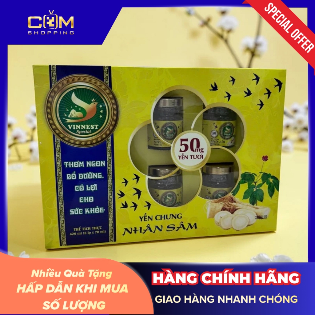 Yến Tươi Nhân Sâm VINNEST SPECIAL 50mg (Hộp 6 Lọ 70ml) - Yến Chưng Thơm Ngon Bổ Dưỡng Tốt Sức Khoẻ