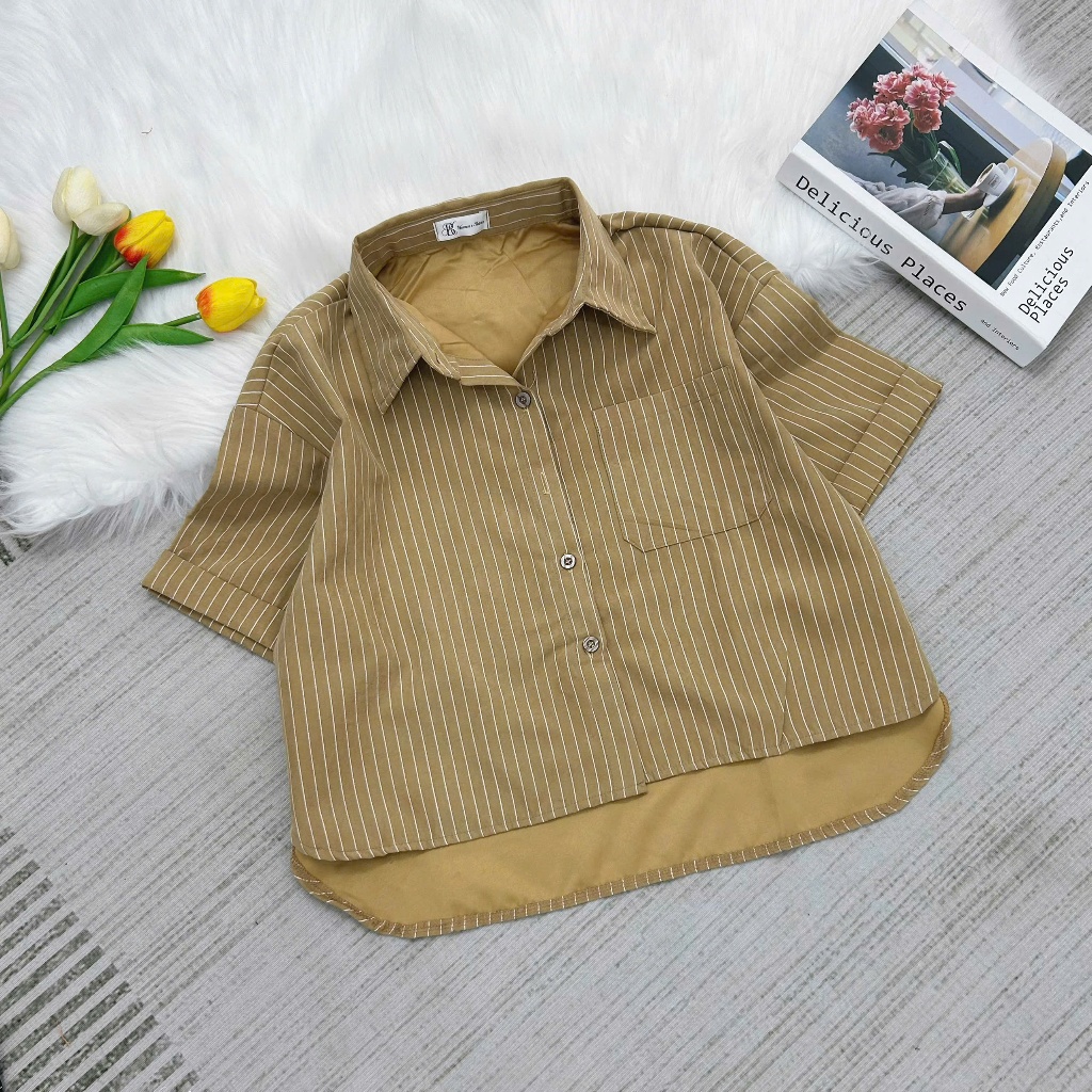 Áo Sơ Mi Nữ Tay Ngắn Kẻ Sọc Kiểu Croptop Chất Vải Kaki Nhung Mềm Mại Mặc Thoải Mái Thời Trang Nữ Mùa Hè-Bk Women