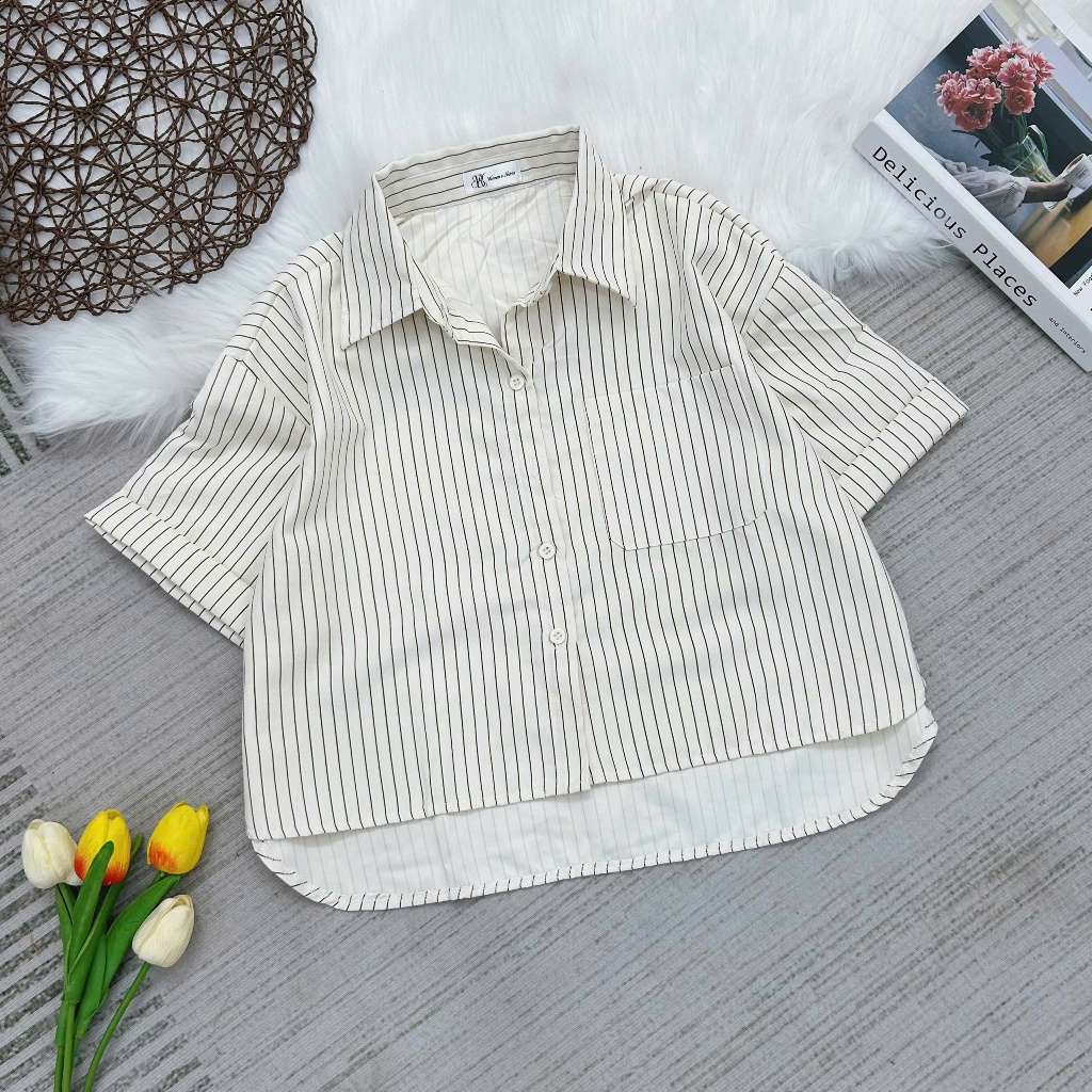 Áo Sơ Mi Nữ Tay Ngắn Kẻ Sọc Kiểu Croptop Chất Vải Kaki Nhung Mềm Mại Mặc Thoải Mái Thời Trang Nữ Mùa Hè-Bk Women