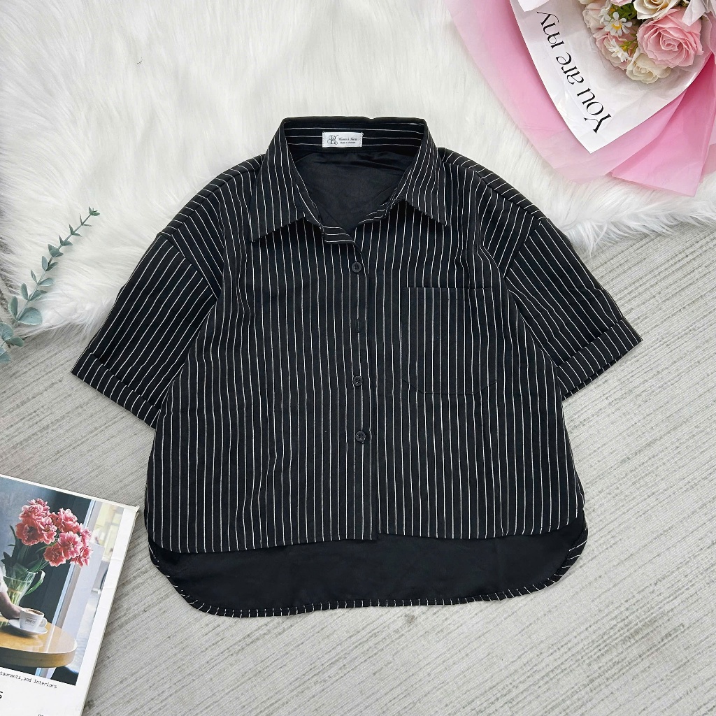 Áo Sơ Mi Nữ Tay Ngắn Kẻ Sọc Kiểu Croptop Chất Vải Kaki Nhung Mềm Mại Mặc Thoải Mái Thời Trang Nữ Mùa Hè-Bk Women