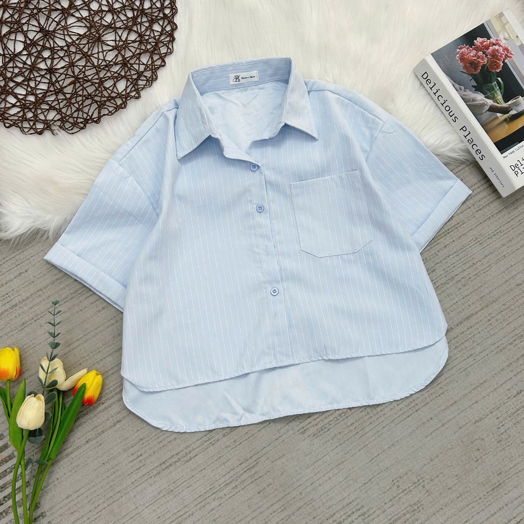 Áo Sơ Mi Nữ Tay Ngắn Kẻ Sọc Kiểu Croptop Chất Vải Kaki Nhung Mềm Mại Mặc Thoải Mái Thời Trang Nữ Mùa Hè-Bk Women