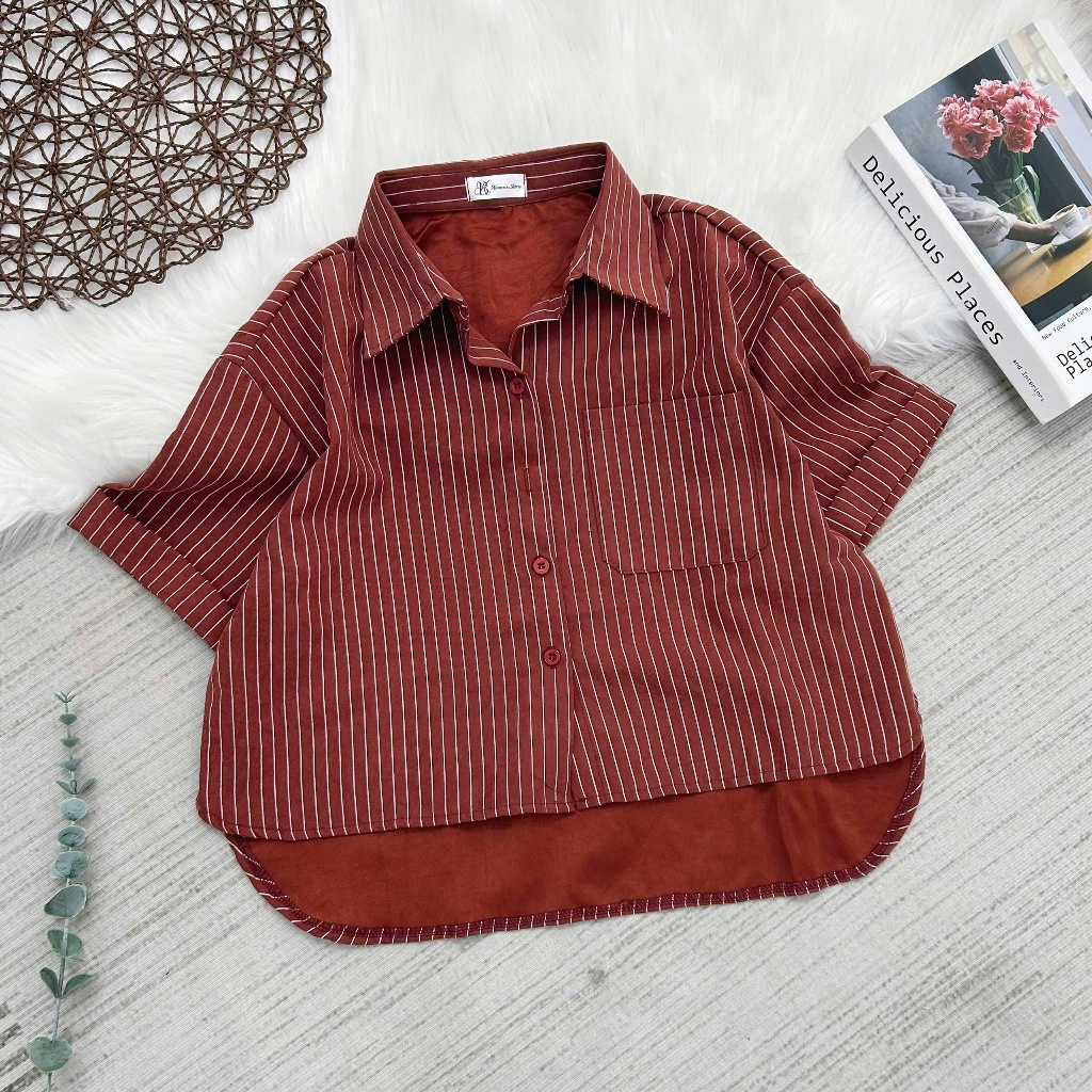 Áo Sơ Mi Nữ Tay Ngắn Kẻ Sọc Kiểu Croptop Chất Vải Kaki Nhung Mềm Mại Mặc Thoải Mái Thời Trang Nữ Mùa Hè-Bk Women