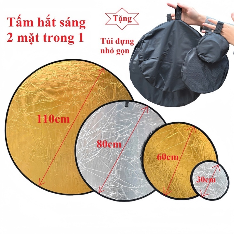 Tấm hắt sáng / Tấm tán sáng tròn — Kích thước 30/60cm — Thiết kế 2-trong-1 (Vàng/Bạc) — Tăng cường hiệu ứng ánh sáng tro