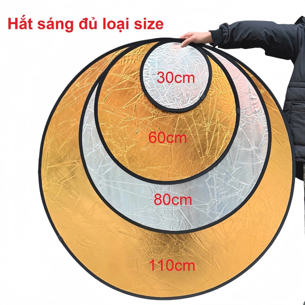 Tấm hắt sáng / Tấm tán sáng tròn — Kích thước 30/60cm — Thiết kế 2-trong-1 (Vàng/Bạc) — Tăng cường hiệu ứng ánh sáng tro