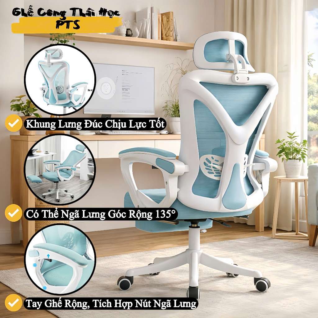 Ghế Công Thái Học {PTS06} Bảng Nâng Cấp New, Ghế Ngả Lưng Sâu 135°, Tựa Đầu Đa Chiều, Tích Hợp Nút Ngã Lưng Trên Tay Ghế