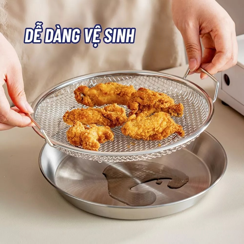 (COMBO 3) SET ĐĨA INOX 304 KÈM VỈ LƯỚI LỌC DẦU 22CM - Khay Chiên Ráo Dầu Cao Cấp Tiện Lợi