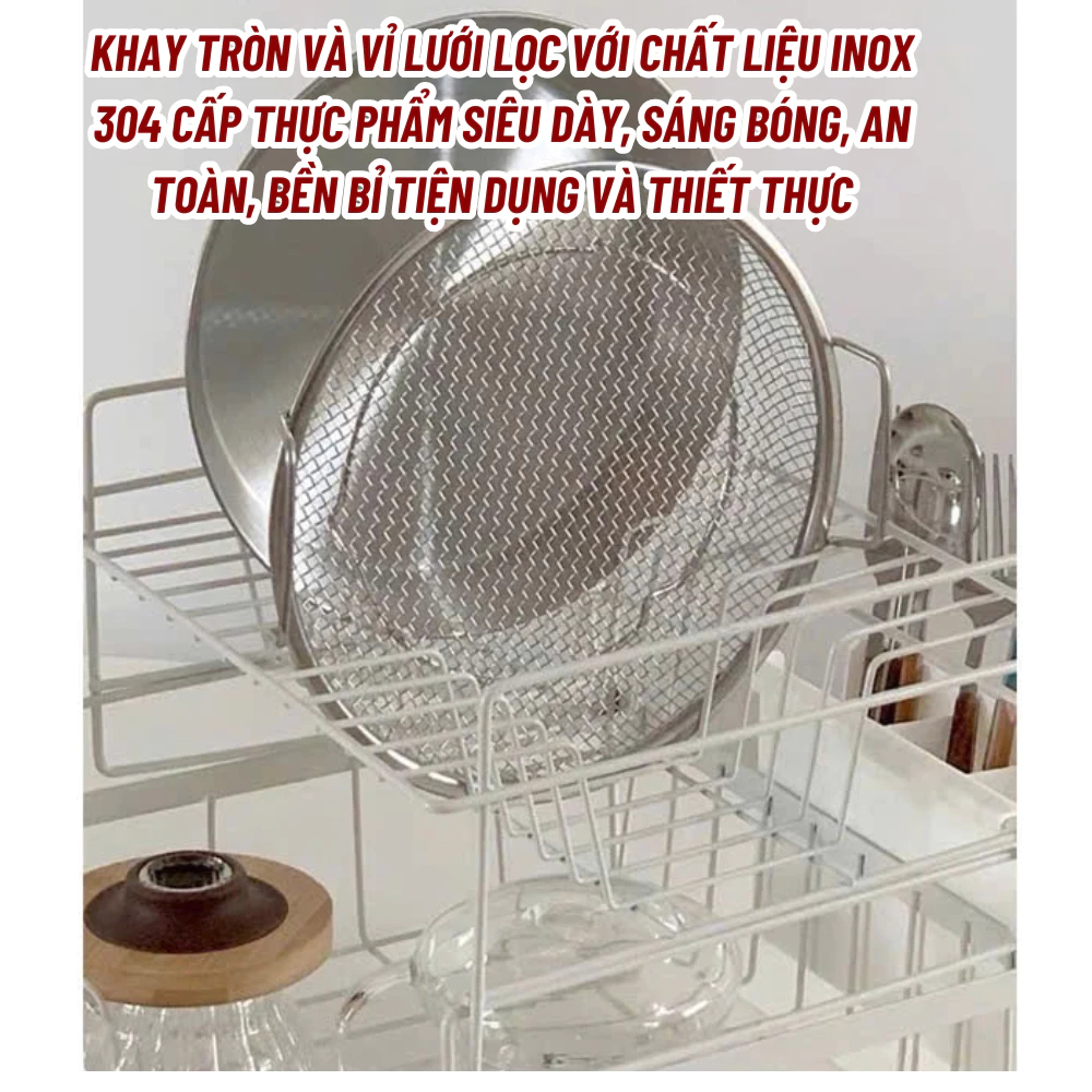 PVN73089 Set Đĩa Inox 304 + Vỉ Lưới Lọc Dầu 20cm 22cm – Khay Chiên Ráo Dầu Cao Cấp