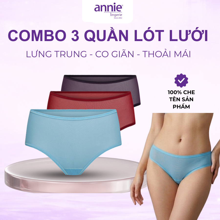 Combo 3 quần lót lưới nữ annie cao cấp QE 2181-1124 co giãn 4 chiều, mặc thoải mái, thoáng mát cả ngày