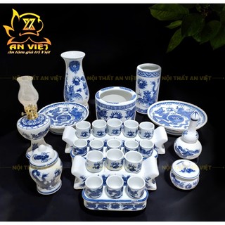 Bộ Thờ Cúng Men Xanh Lam Bát Tràng - Bình Hoa - Lư Hương - Đĩa - Áng - ML2601