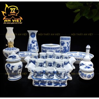 Bộ Thờ Cúng Men Xanh Lam Bát Tràng - Bình Hoa - Lư Hương - Đĩa - Áng - ML2601