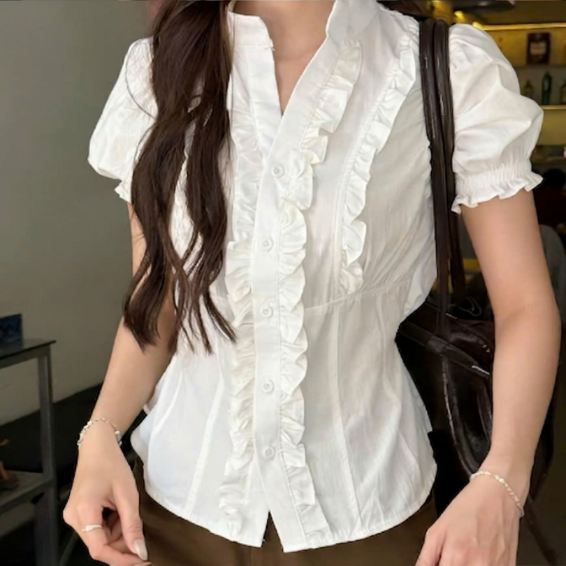 Sơ mi cổ trụ tay bồng phối bèo có dây buộc eo cực tôn dáng MUZA SM17