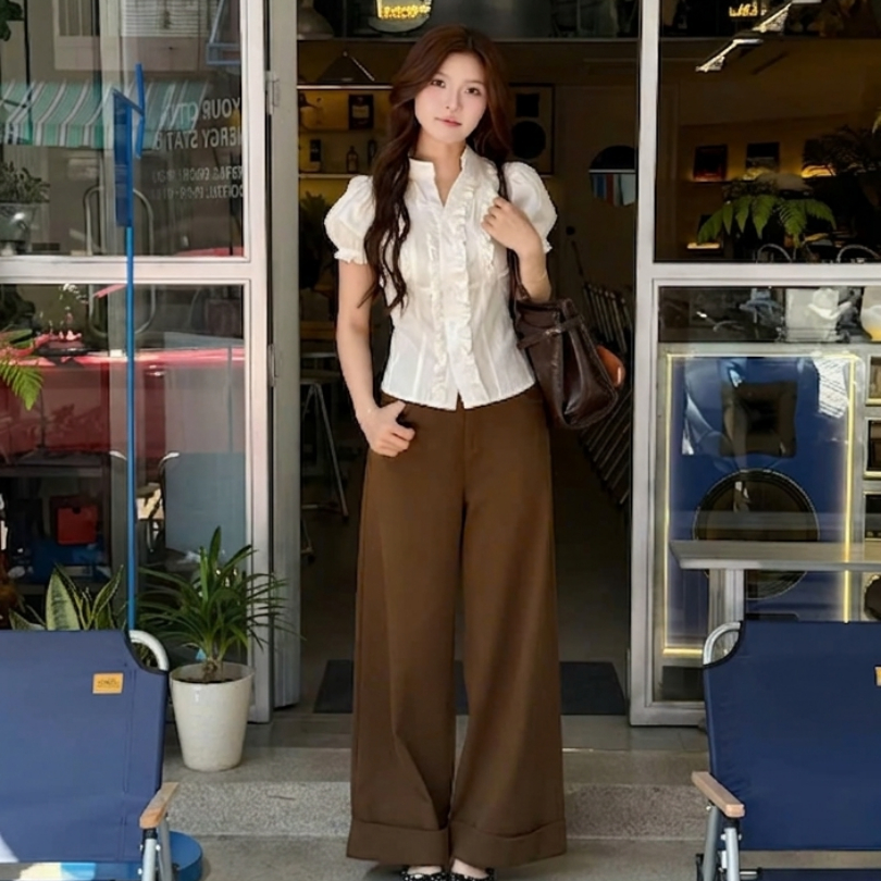 Sơ mi cổ trụ tay bồng phối bèo có dây buộc eo cực tôn dáng MUZA SM17