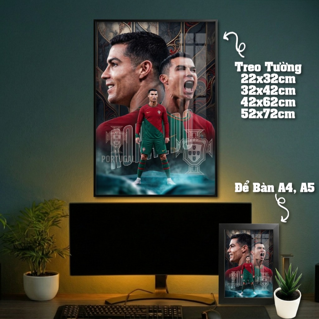 Tranh Treo Tường + Khung Ảnh Poster Để Bàn Ronaldo (CR7) Trong Màu Áo Các CLB Decor Phòng Khách, Phòng Game