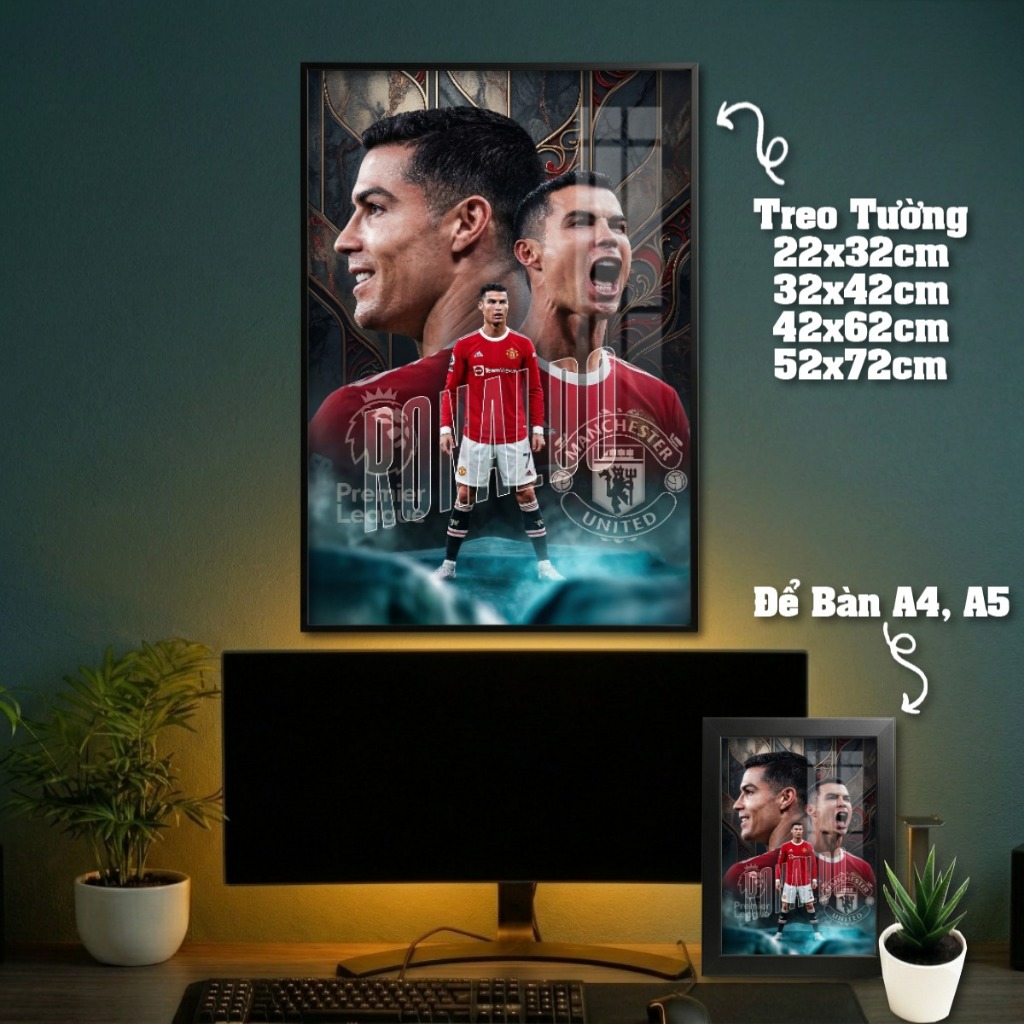 Tranh Treo Tường + Khung Ảnh Poster Để Bàn Ronaldo (CR7) Trong Màu Áo Các CLB Decor Phòng Khách, Phòng Game