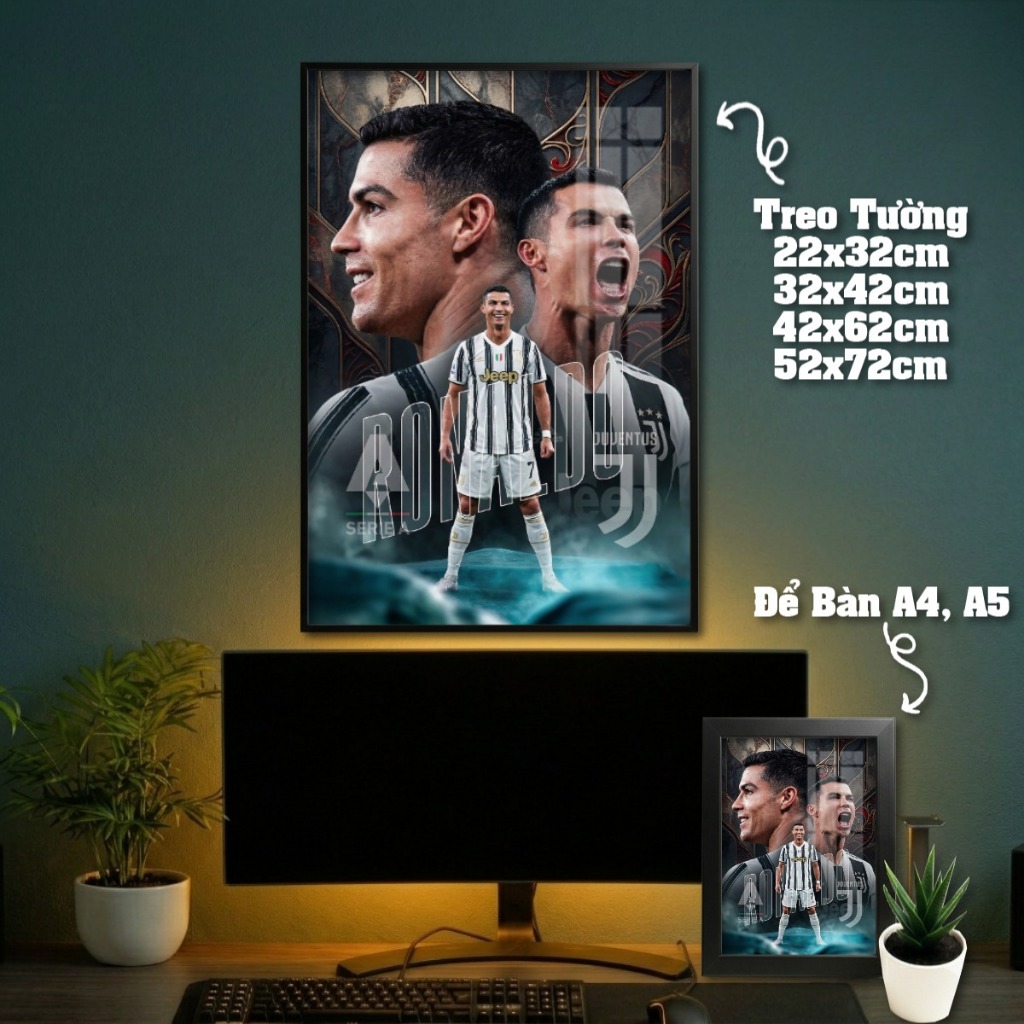Tranh Treo Tường + Khung Ảnh Poster Để Bàn Ronaldo (CR7) Trong Màu Áo Các CLB Decor Phòng Khách, Phòng Game