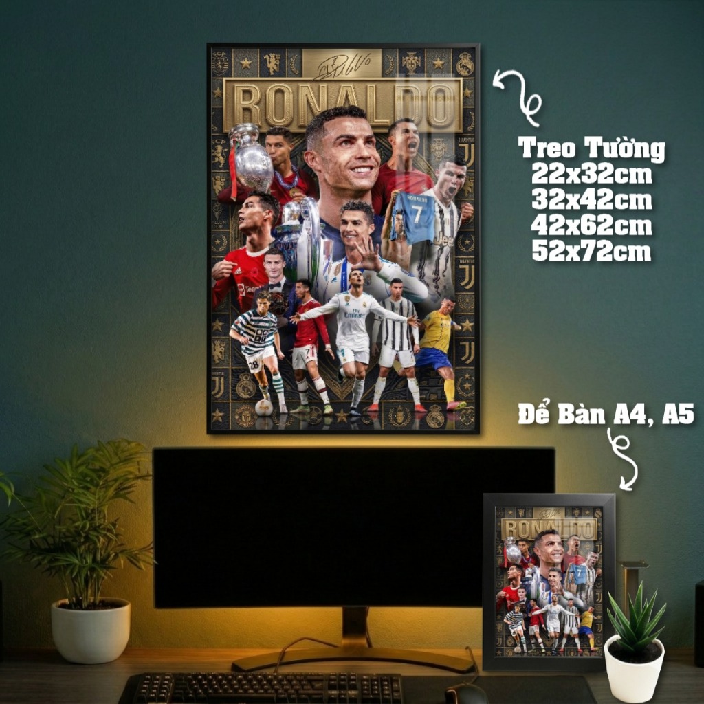 Tranh Treo Tường + Khung Ảnh Poster Để Bàn Ronaldo (CR7) Trong Màu Áo Các CLB Decor Phòng Khách, Phòng Game
