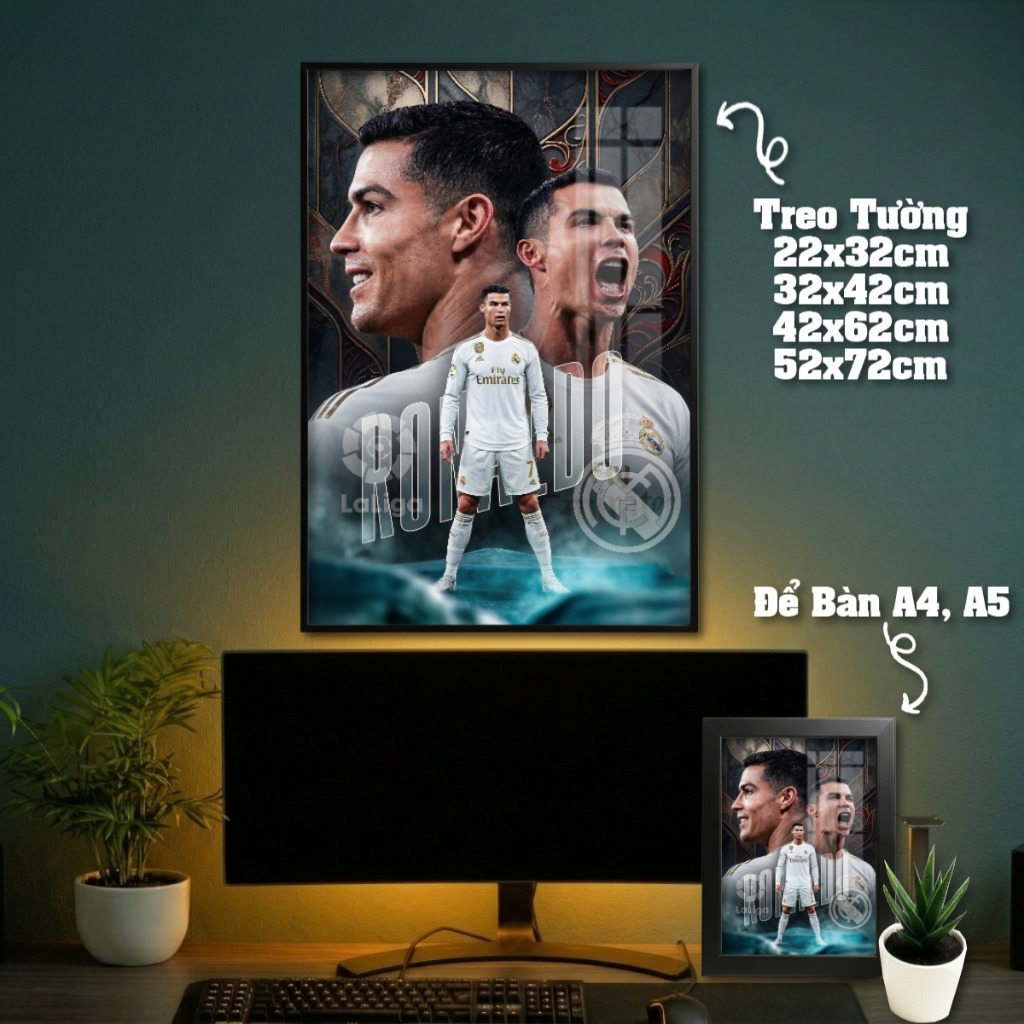Tranh Treo Tường + Khung Ảnh Poster Để Bàn Ronaldo (CR7) Trong Màu Áo Các CLB Decor Phòng Khách, Phòng Game