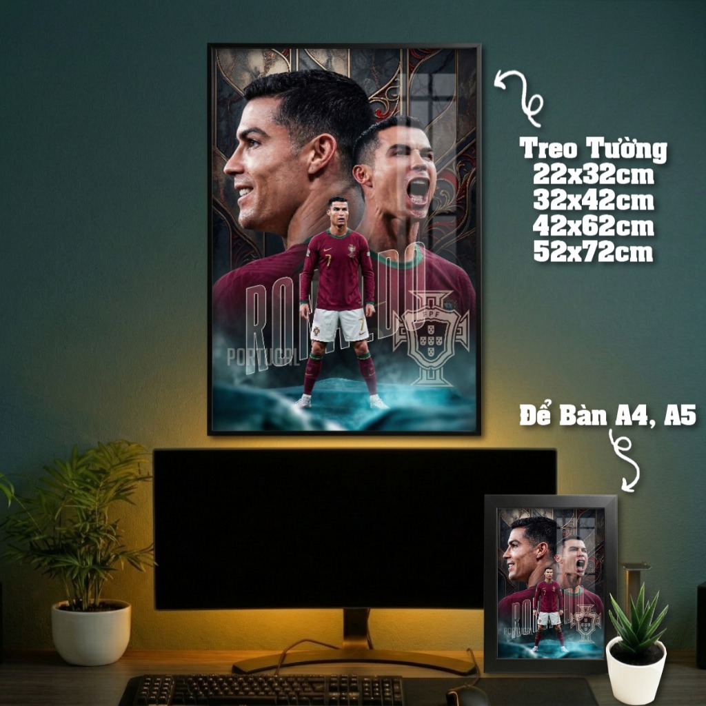 Tranh Treo Tường + Khung Ảnh Poster Để Bàn Ronaldo (CR7) Trong Màu Áo Các CLB Decor Phòng Khách, Phòng Game