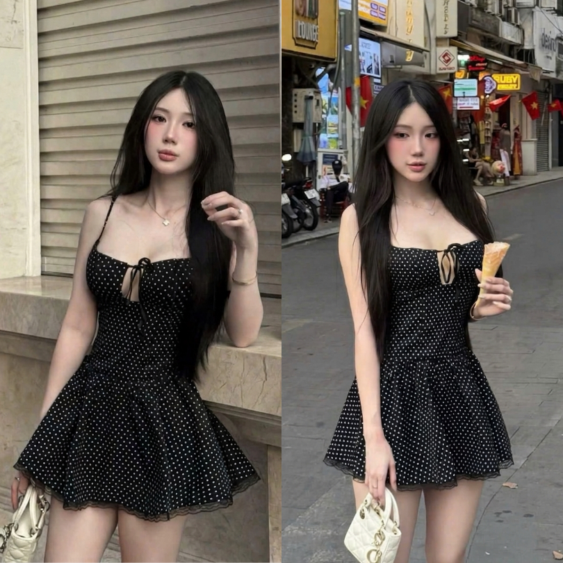 Váy chấm bi tôn dáng phối ren, váy hai dây xoè mặc mùa hè MUZA V30