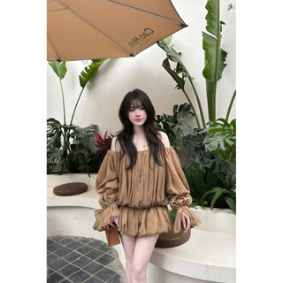 Áo Trễ Vai Cao Cấp Giả Váy Dúm Phồng Tay Dài Nâu Sang Mịn