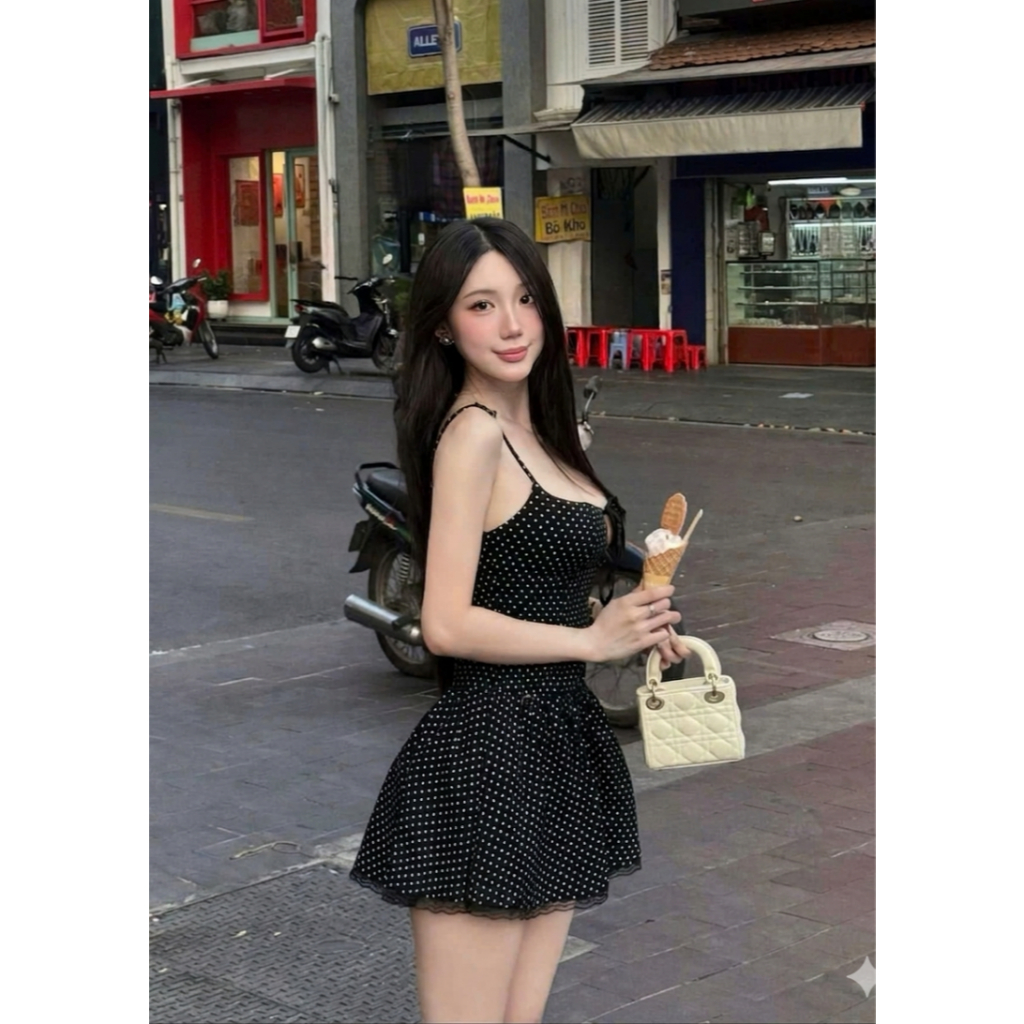 Váy chấm bi tôn dáng phối ren, váy hai dây xoè mặc mùa hè MUZA V30